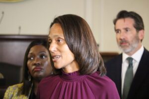 NC Senate Democratic Leader Sydney Batch speaks to reporters